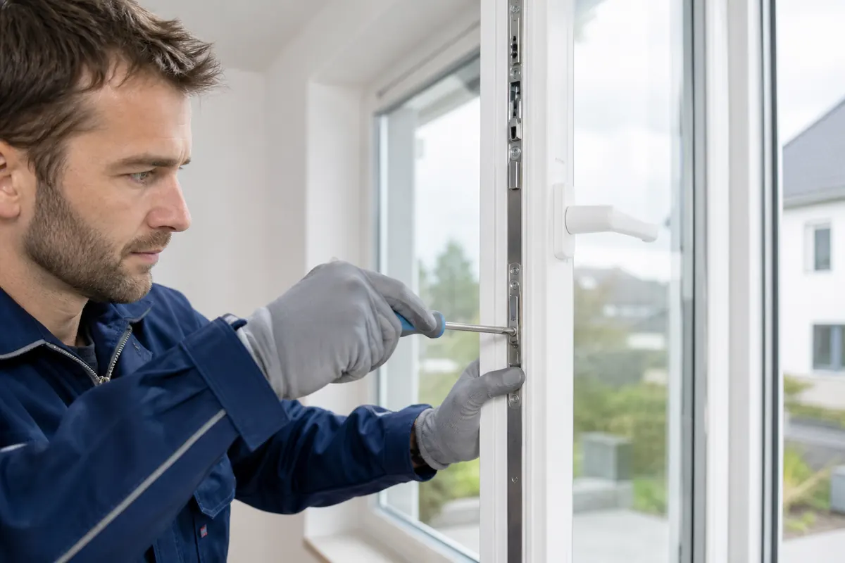 Fenstermonteur justiert den Sicherheitsbeschlag eines Kunststofffensters in Saarbrücken