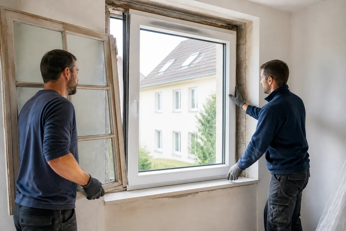 Austausch eines alten Fensters gegen ein modernes Kunststofffenster bei einer Sanierung in Saarbrücken